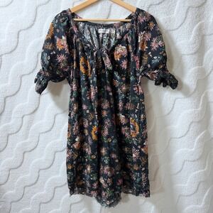 Natural Life Dress Floral Tie Neck Puff Sleeve Cotton Gauze Black M Whimsigoth
